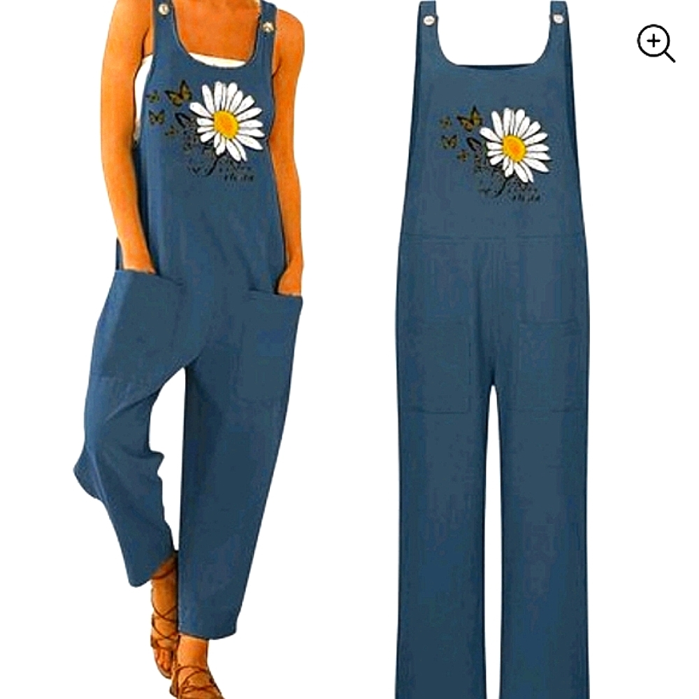 PANTALON 😶Navy Daisy Butterfly Pocket Romper, coveralls, one piece